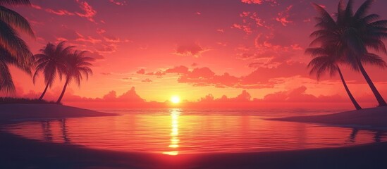 Obraz premium Palm trees on a tropical beach at sunset with a beautiful red sky.