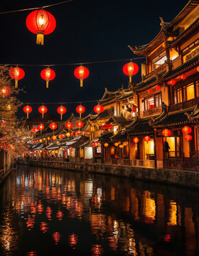 Old Chinese town with red lattern at night, festival mood, vintage 