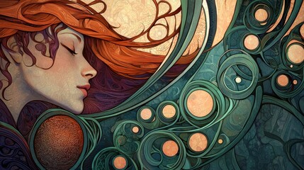 Relaxation depicted in the style of Art Nouveau, emphasizing flowing lines, organic forms, and calming colors