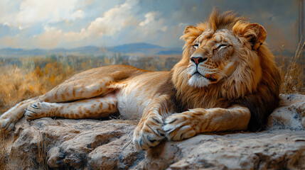 A large lion with a mane and spots lies on a rocky outcrop