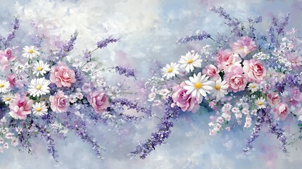 A beautiful floral arrangement featuring roses, daisies, and lavender in soft pastel colors.