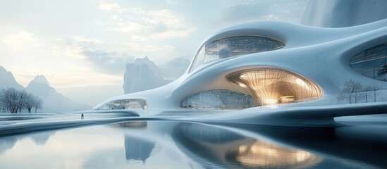 Modern, futuristic building with white, flowing curves reflected in a still body of water and mountains in the background.