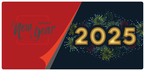 Festive New Year celebration with gold numbers and fireworks.