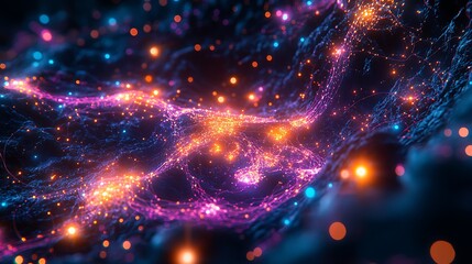 Fototapeta premium A futuristic depiction of a neural network covering a digital world map, interconnected nodes forming complex patterns, data signals glowing with intense neon colors, dark tech-themed background,