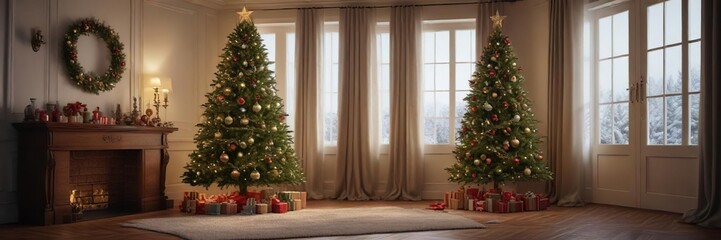A beautifully decorated Christmas tree in a room, branches, greenery, centerpiece