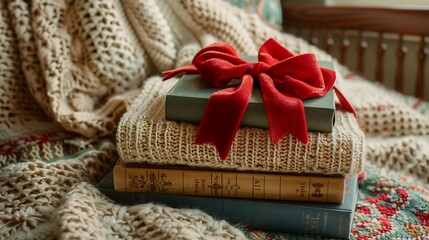 A crochet blanket and a stack of christmas books with a red bow create a cozy festive feel