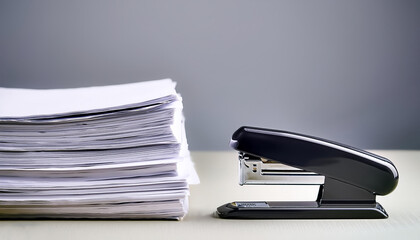 A neat stack of papers with a black stapler beside them, on a soft grey background.