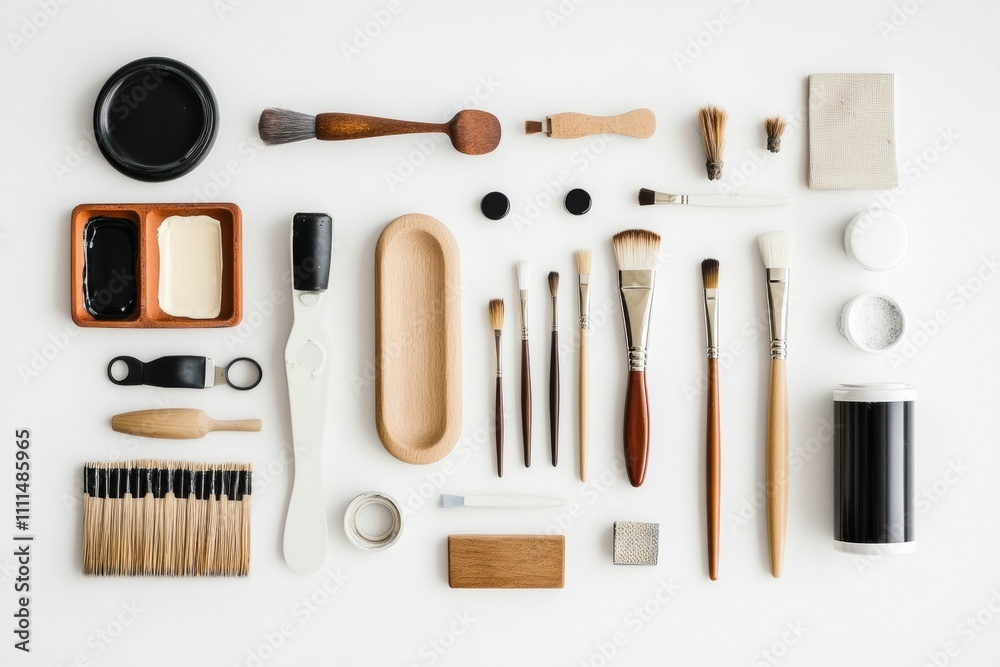Aufkleber a variety of hobby and diy tools including brushes, scissors, and paints are organized on a white su