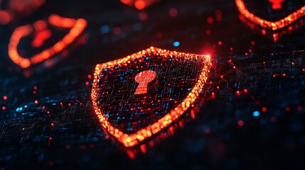 Digital cybersecurity shields and encrypted data layers blending with the background, symbolizing protection, dynamic Double exposure as a secure server room backdrop