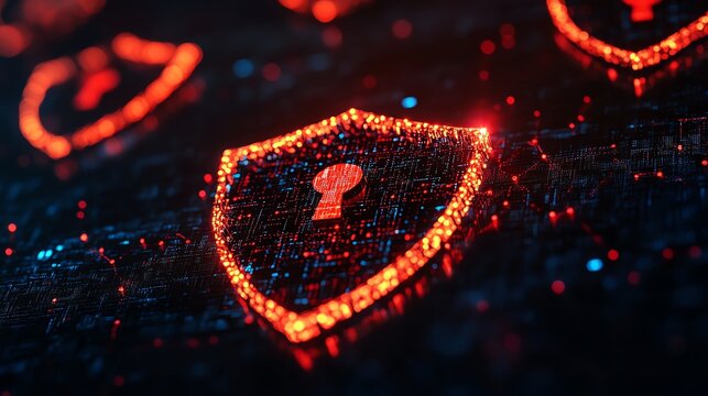 Digital cybersecurity shields and encrypted data layers blending with the background, symbolizing protection, dynamic Double exposure as a secure server room backdrop