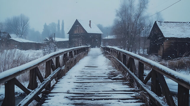 Snowy, wooden bridge on a winter day