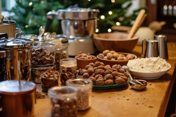 A holiday baking session begins with the countertop filled with chocolate, nuts, and other ingredients