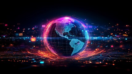 Obraz premium A futuristic Earth wrapped in data streams and notification icons representing live updates, vibrant lines forming a digital network, glowing signals illuminating the dark background,