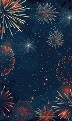 a night sky filled with fireworks. The background is a deep blue, resembling a starry night. Various fireworks are bursting across the sky in different colors, predominantly red, white, and gold