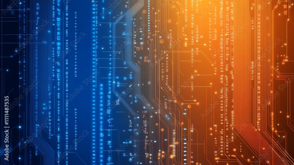 Wall mural futuristic orange and blue technology background featuring circuit board patterns, digital code elem