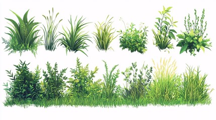 Collection of green grass patterns on a white background, depicted in a cartoon style. Vector illustration of a lawn
