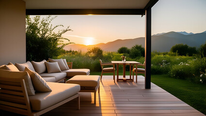 modern outdoor patio with a sunset view of mountains and greenery