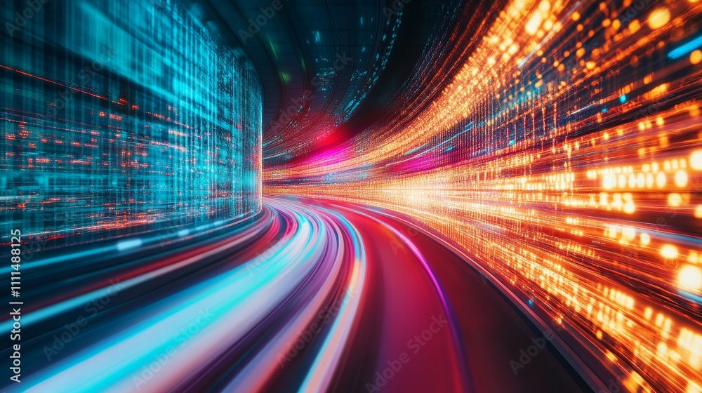 Wall mural panoramic high-speed technology background featuring fast-moving light streaks with dynamic neon glo