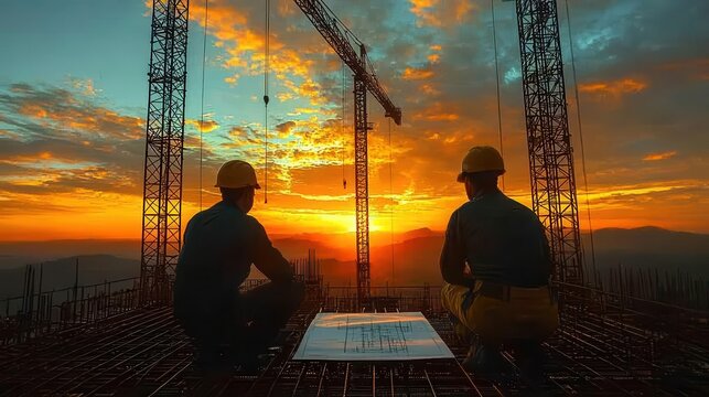 Construction workers and engineers collaborating at sunset on a high-rise project urban landscape inspirational scene dynamic perspective for enhanced teamwork and innovation