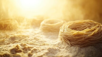 Raw Pasta Noodles on Dusty Surface with Soft Light Background