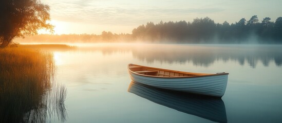A single white rowboat floats peacefully on a misty lake at sunrise, with trees lining the shore in the background.