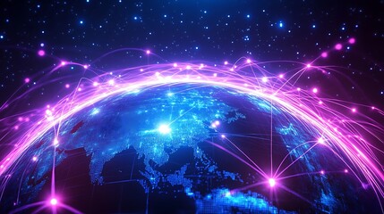 Obraz premium A glowing 3D globe with vibrant interconnected lines wrapping around it, representing a global communication grid, neon blue and purple tones, deep shadows, sleek modern aesthetic,