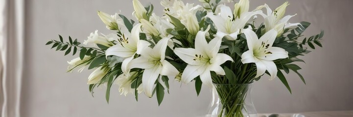Fototapeta premium A beautiful bouquet of white lilies and eucalyptus in a glass vase , decor, beauty