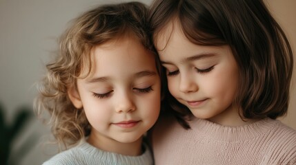 Two young sisters sharing a tender moment of emotional care and support as one comforts the other during a playful recovery showcasing the powerful bond and connection between siblings