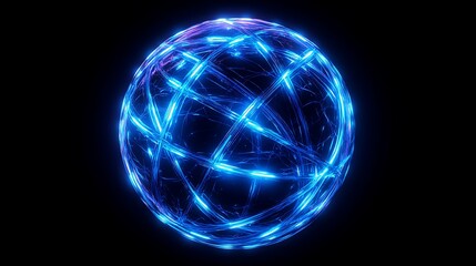 Obraz premium A glowing blue sphere wrapped in intersecting neon lines, creating a web of connectivity, intense light effects, dark and sleek background, photorealistic quality, high-definition details,