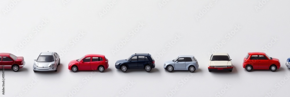 Poster various miniature cars placed side by side on a clean white surface, offering ample space for creati