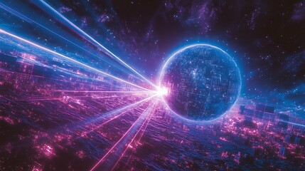 Obraz premium A glowing Earth surrounded by satellites emitting beams of data, connecting with ground stations on the surface, deep shadows, vivid blue and purple beams, sleek futuristic aesthetic,