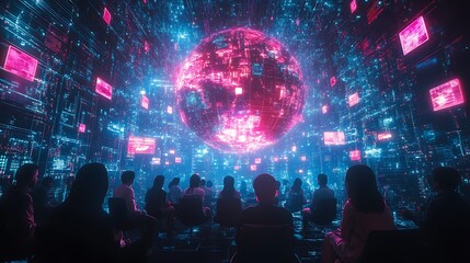A glowing globe with virtual meeting rooms floating above it, diverse avatars in conversation, bright digital lines connecting the rooms, dark space-themed background, vivid neon accents,