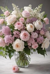 A gorgeous bouquet featuring soft pink lilacs and creamy white garden roses arranged in a classic posy shape , lilac bouquet, vintage charm, garden decor