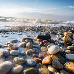 A collection of small rocks on the beach is wet with water splashes