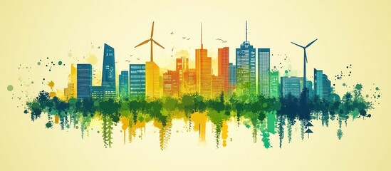 Obraz premium Colorful cityscape with wind turbines and green trees, a watercolor painting style, reflecting in water with a yellow background.