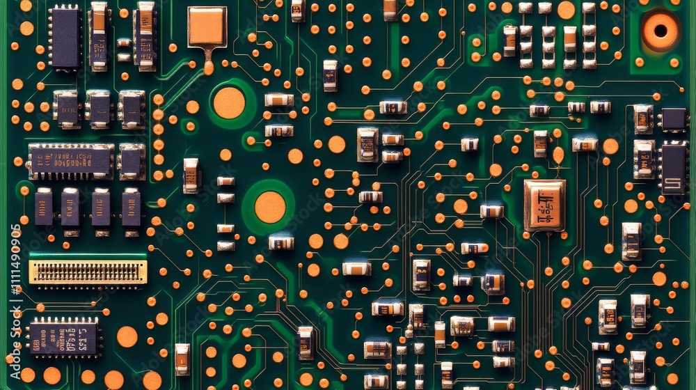 Poster detailed technology background featuring intricate printed circuit board patterns, complex connectiv