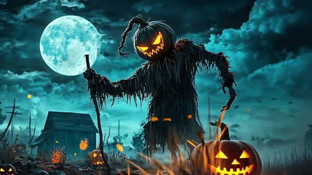 Scary night scarecrow. 4k video