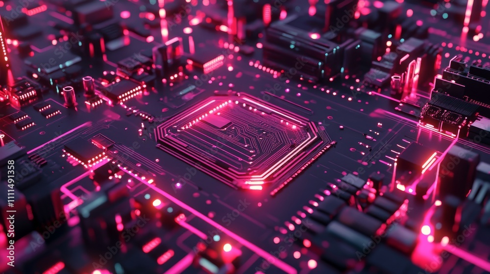 Poster futuristic technology background featuring a 3d render of a printed circuit board design with intric
