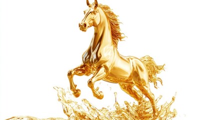 Golden horse leaping through liquid, isolated on white.