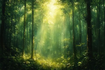 Obraz premium Views of Green Leaves and Tree Trunk in Forest with Sunlight in Fresh Natural Environment on Sunny Day