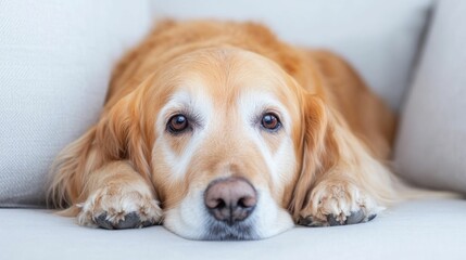 Obraz na płótnie Canvas Senior dog resting peacefully on a couch in a warm pet friendly home setting conveying the concept of aging with love and care for elderly pets