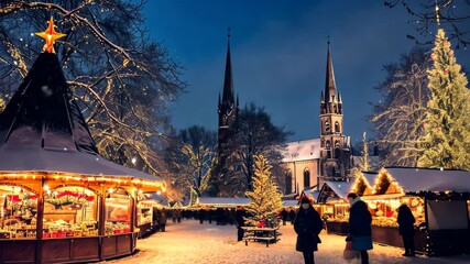 A festive Christmas market with various stalls and cheerful visitors, set against the backdrop of a charming church, A festive market illuminated in a snow-covered town square