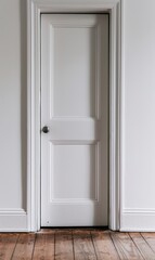 Doorstop discount, banner for website, copy space for text, a white interior door with a classic design, featuring three rectangular panels. The door has a silver-colored round doorknob on the left 