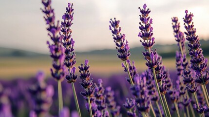 Obraz premium Lavender flowers in full bloom, showcasing vibrant purple hues against a soft, blurred background of fields.