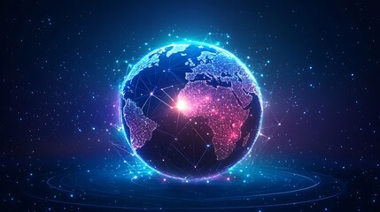 Fototapeta premium A holographic digital globe with laser-like light beams crisscrossing the Earth, connecting continents, vibrant neon accents, deep blue space-themed background, photorealistic quality,