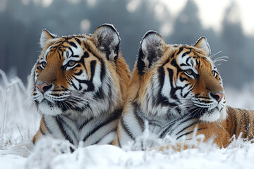 Naklejka premium Two Siberian Tigers Resting In Winter Snow