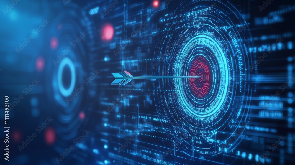 Poster futuristic technology background featuring low poly digital target with arrow in bullseye on a compu