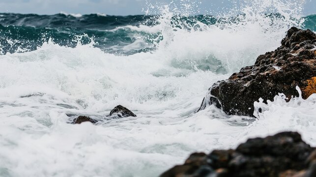 Raging ocean waves crashing against rocky shore, creating a dynamic and dramatic seascape.