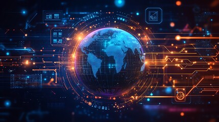 Obraz premium A holographic Earth surrounded by data signals and notification icons, streams of light representing real-time updates, deep blue and purple tones, high-tech digital visualization, intricate patterns,