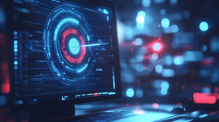 Futuristic technology background featuring low poly digital target with arrow in bullseye on a computer monitor screen, showcasing growth chart visualization in a modern blue geometric design for seo 